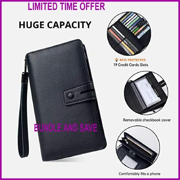 Large RFID Leather Wristlet Wallet Organizer with Phone Pocket - Picture 5 of 7
